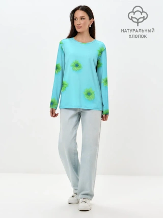 Лонгслив женский. Хлопок / Зеленые Цветочки