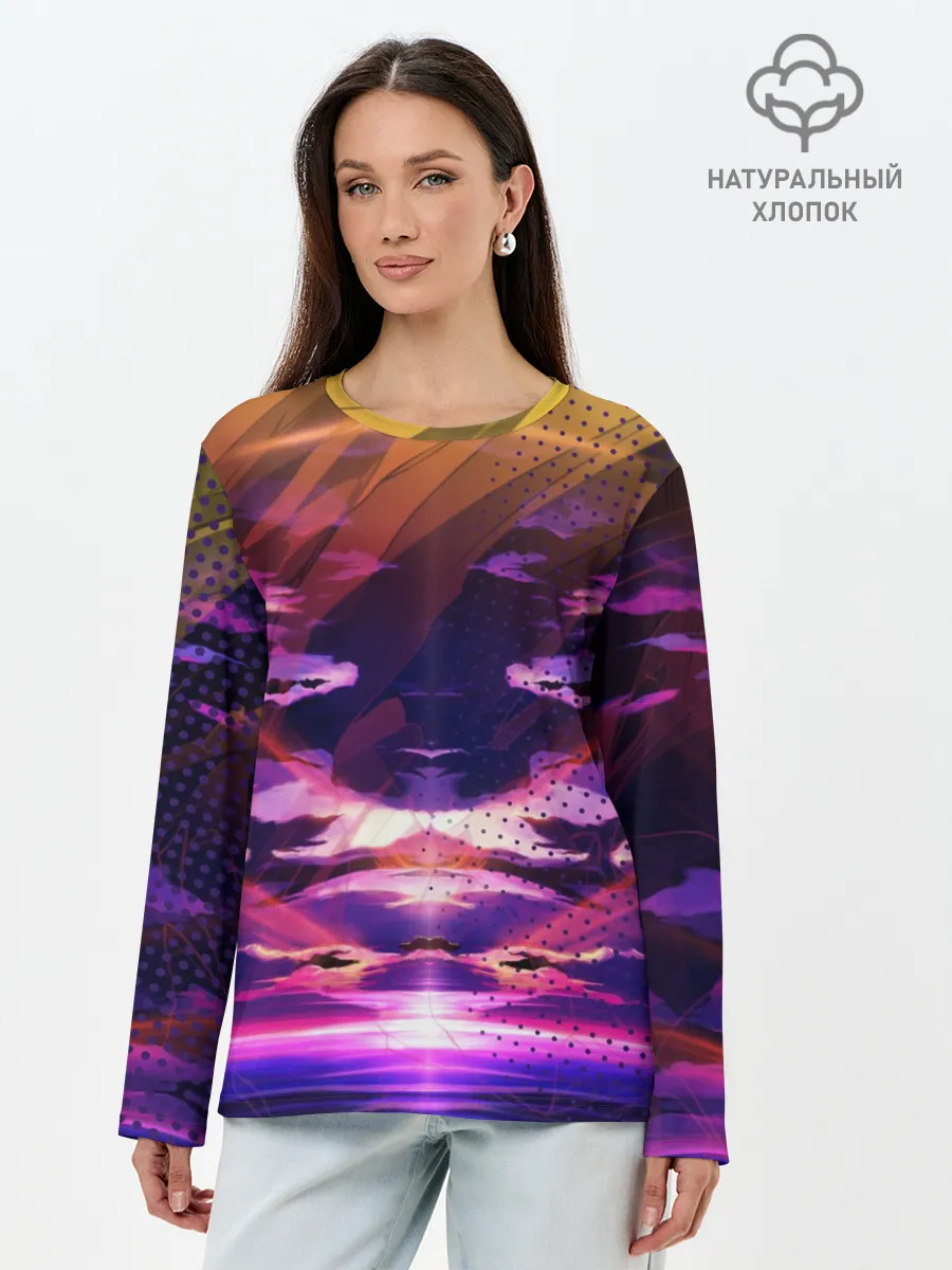 Лонгслив женский. Хлопок / Закат. Облака
