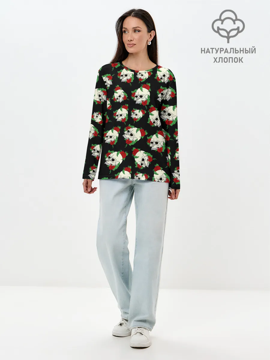 Лонгслив женский. Хлопок / Черепа и розы / Skull and Roses