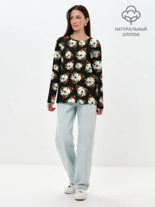 Лонгслив женский. Хлопок / Черепа и розы / Skull and Roses