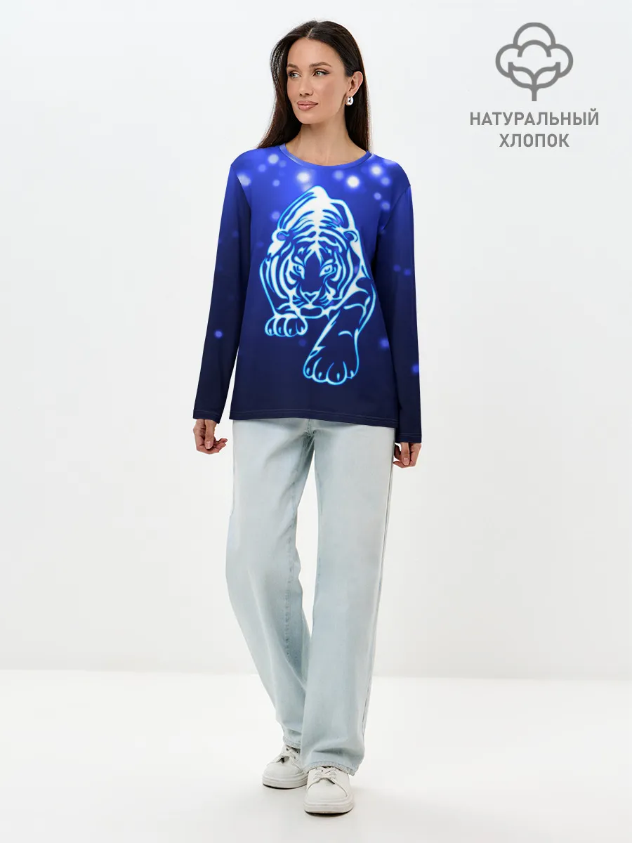 Лонгслив женский. Хлопок / Неоновый тигр