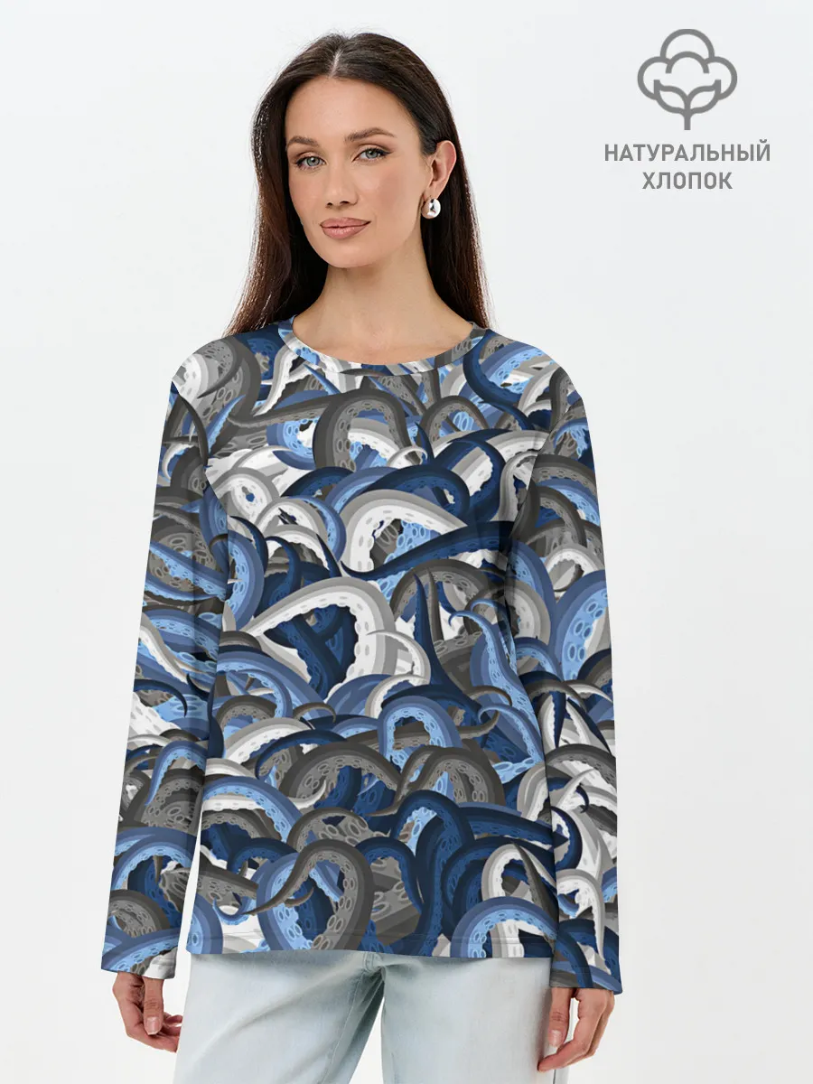 Лонгслив женский. Хлопок / Синий камуфляж с щупальцами