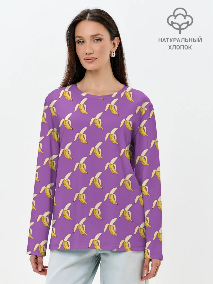 Лонгслив женский. Хлопок / Бананы на лиловом паттерн