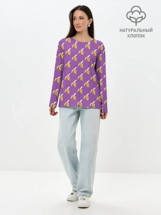 Лонгслив женский. Хлопок / Бананы на лиловом паттерн