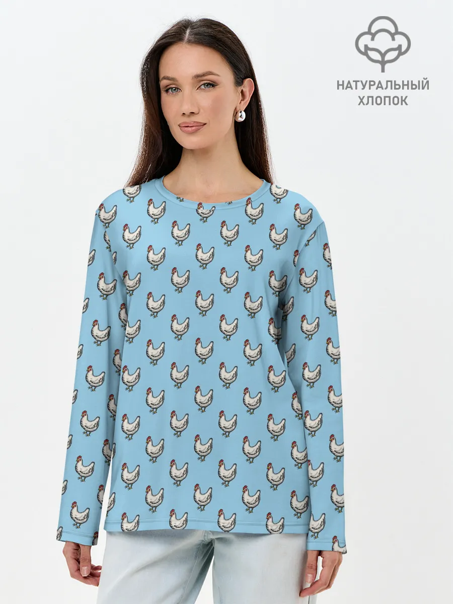 Лонгслив женский. Хлопок / Белая курочка паттерн