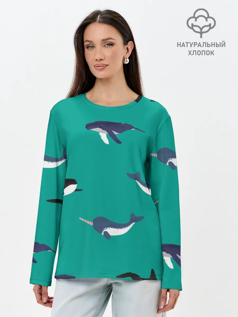 Лонгслив женский. Хлопок / Нарвал, киты, касатка паттерн