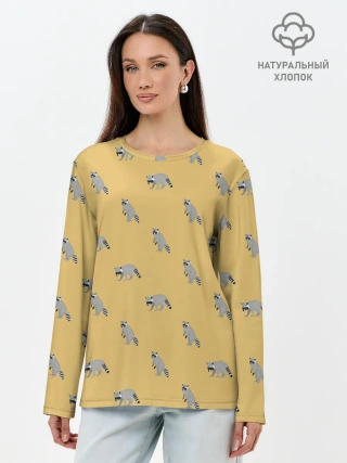 Лонгслив женский. Хлопок / Еноты паттерн
