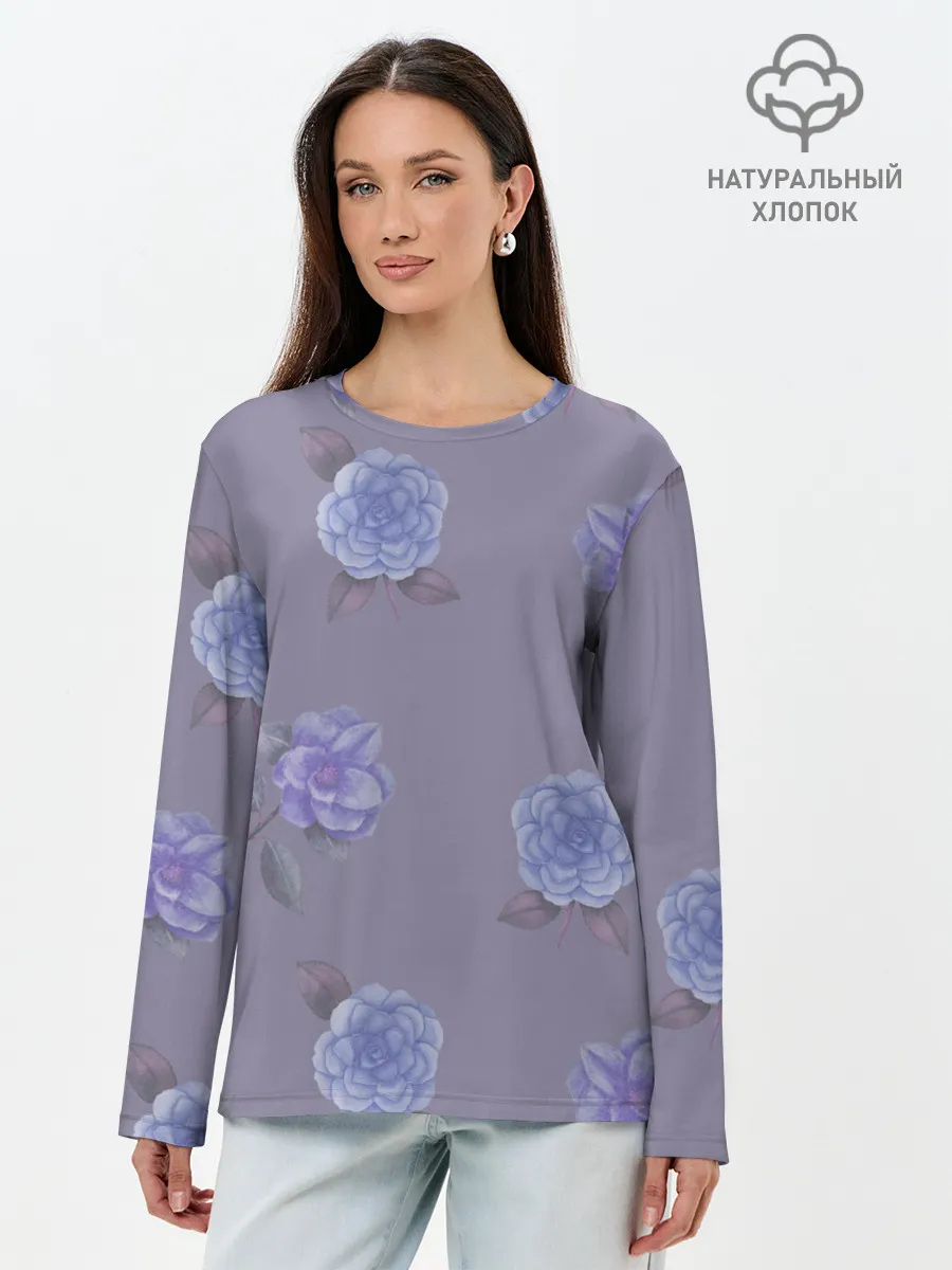Лонгслив женский. Хлопок / Голубые камелии на сером