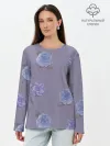 Лонгслив женский. Хлопок / Голубые камелии на сером