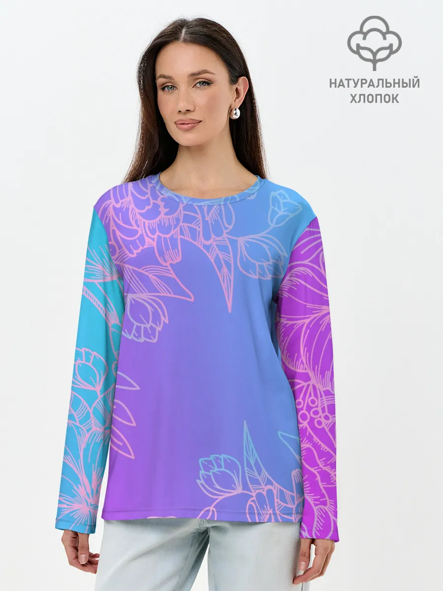 Лонгслив женский. Хлопок / Цветочный Градиент