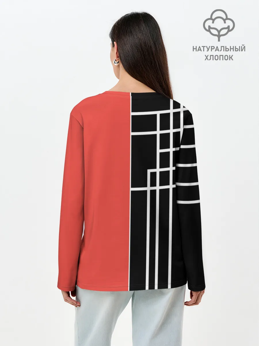 Лонгслив женский. Хлопок / Черный и коралловый арт деко