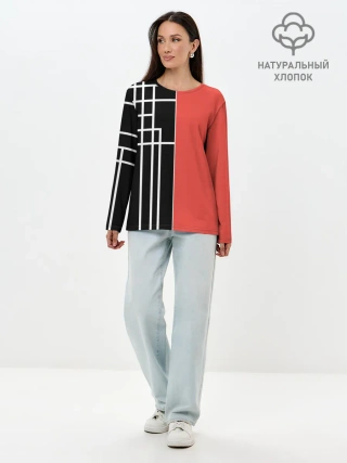 Лонгслив женский. Хлопок / Черный и коралловый арт деко