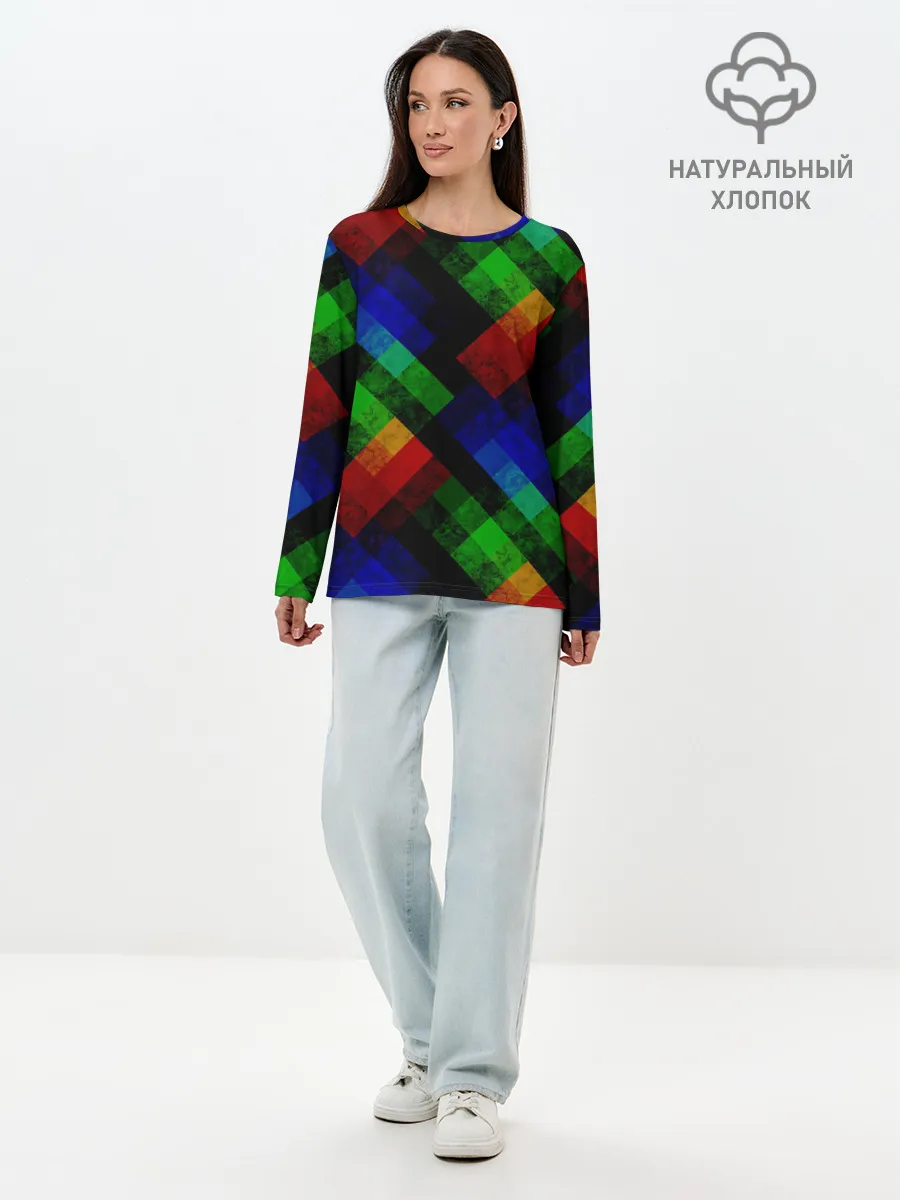 Лонгслив женский. Хлопок / Разноцветный мраморный узор