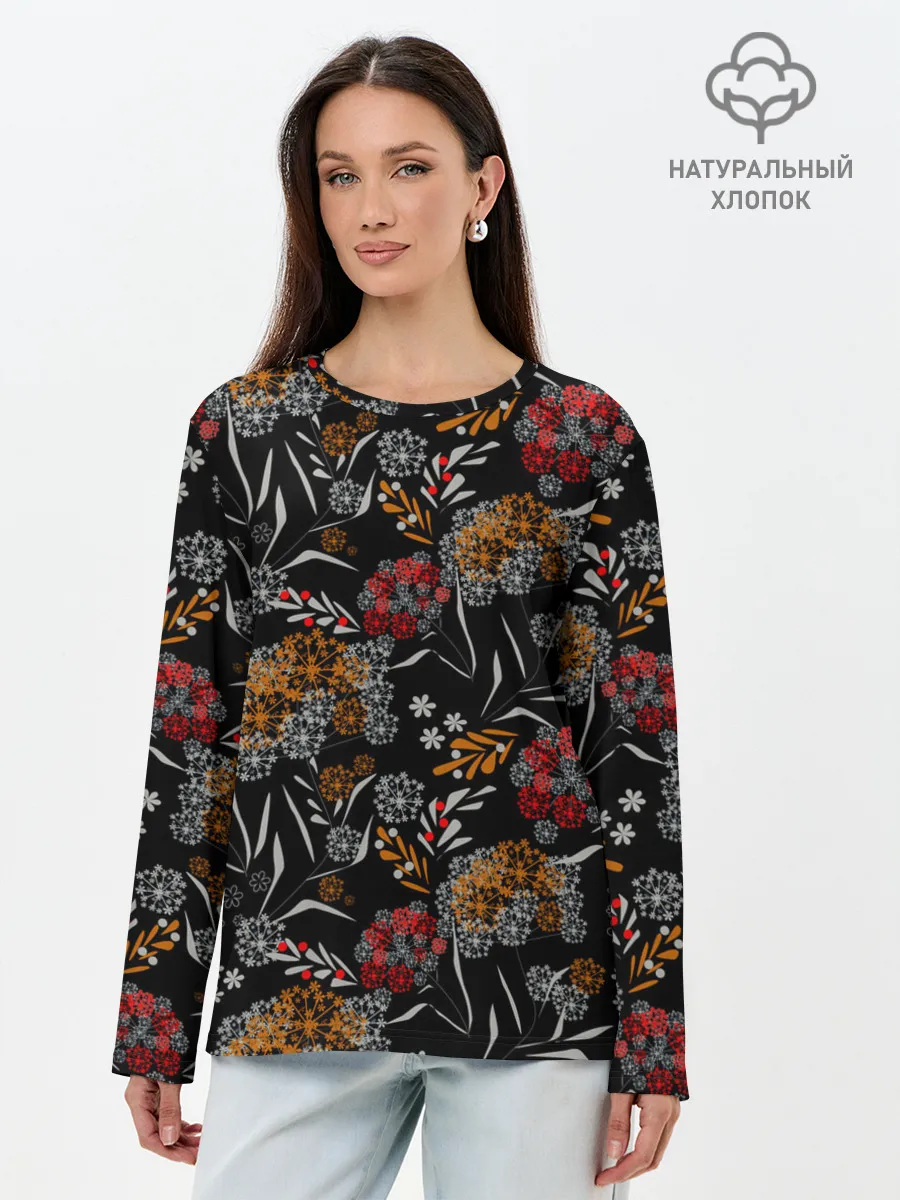 Лонгслив женский. Хлопок / Цветочный модный узор