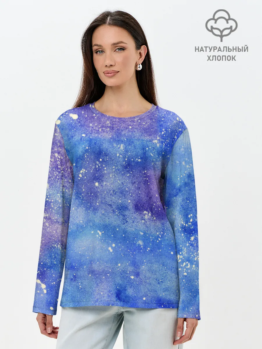 Лонгслив женский. Хлопок / Акварельные разводы и брызги красок