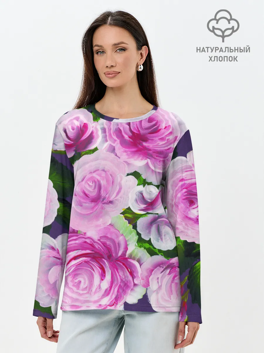 Лонгслив женский. Хлопок / Цветы Розовые Розы красками