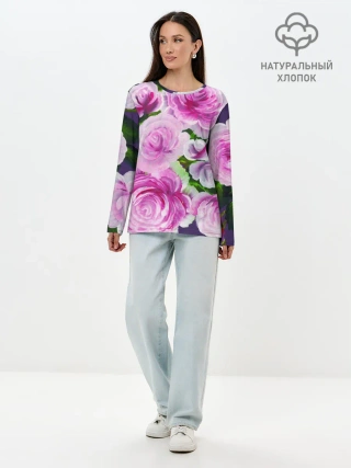 Лонгслив женский. Хлопок / Цветы Розовые Розы красками