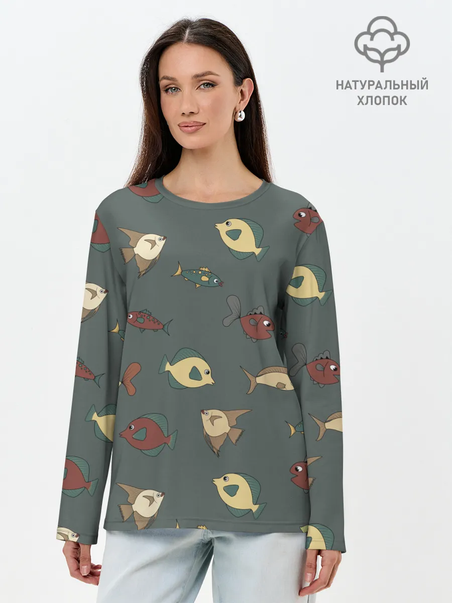 Лонгслив женский. Хлопок / Морские рыбки на зеленом фоне