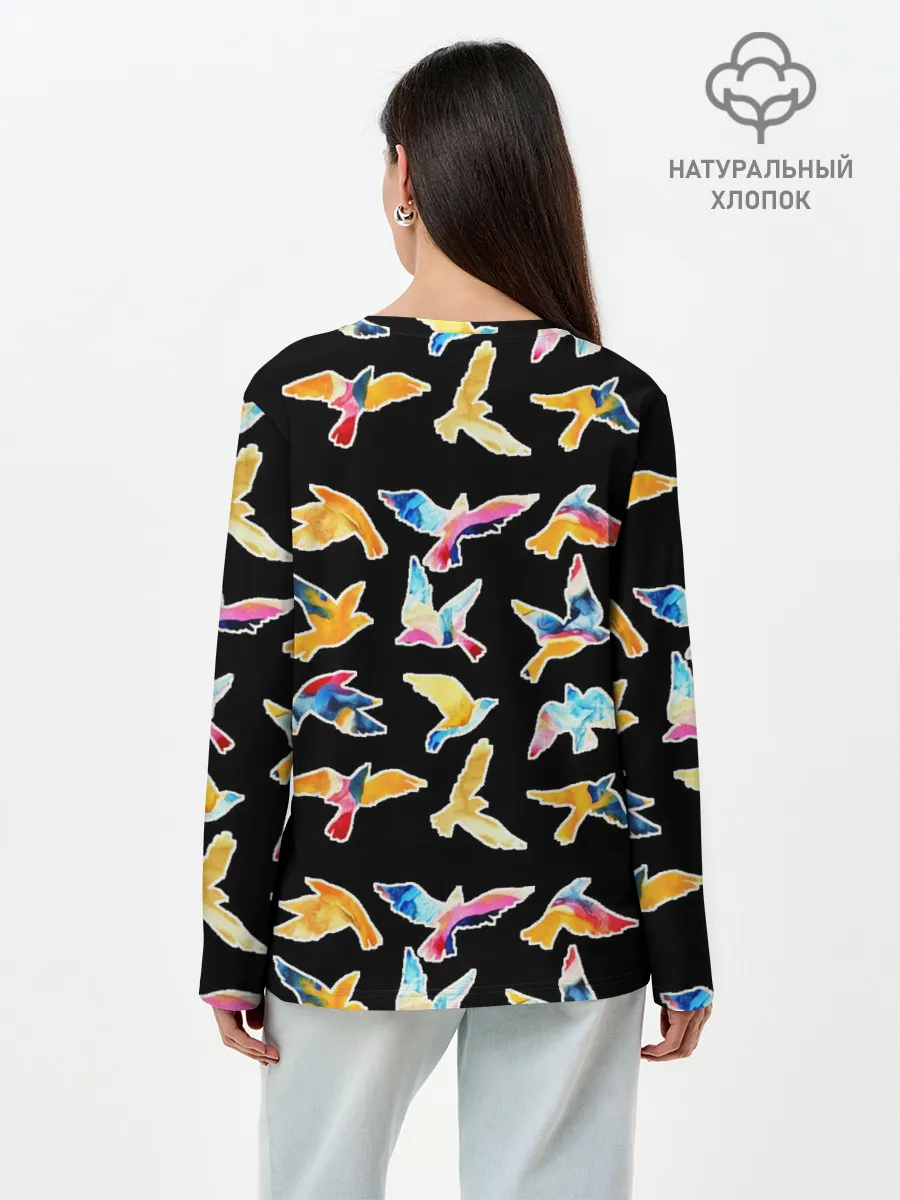 Лонгслив женский. Хлопок / акварельные птицы