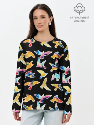 Лонгслив женский. Хлопок / акварельные птицы