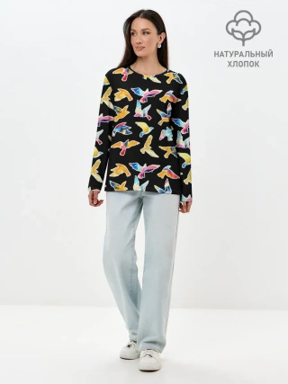 Лонгслив женский. Хлопок / акварельные птицы