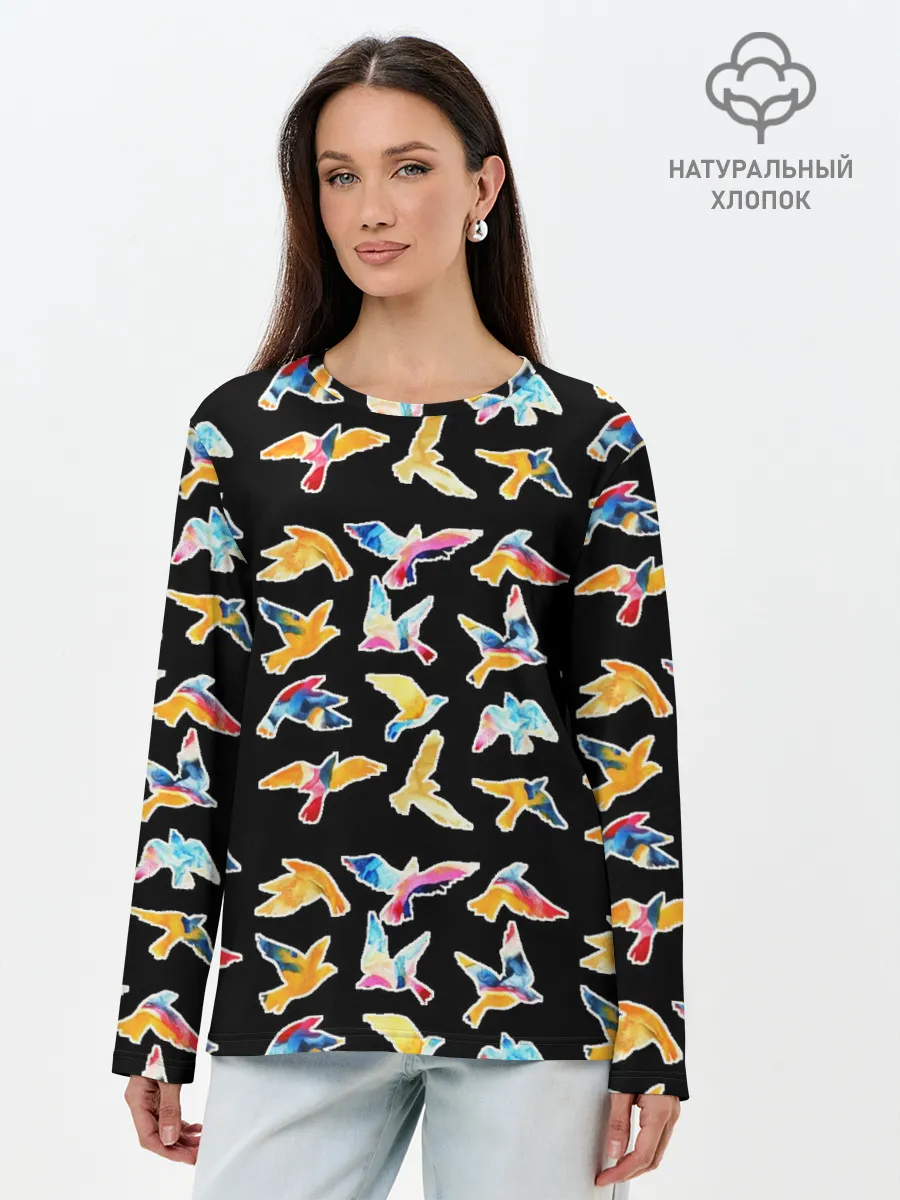 Лонгслив женский. Хлопок / парящие акварельные птицы