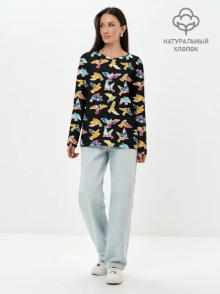 Лонгслив женский. Хлопок / парящие акварельные птицы