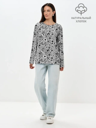 Лонгслив женский. Хлопок / Черное кружево цветочное