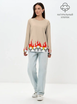 Лонгслив женский. Хлопок / Черепа в Огне