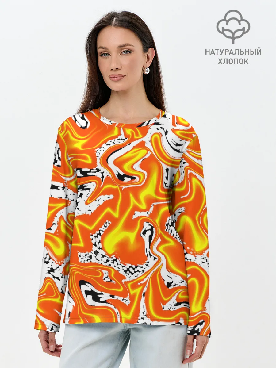 Лонгслив женский. Хлопок / Огненные разводы лавы