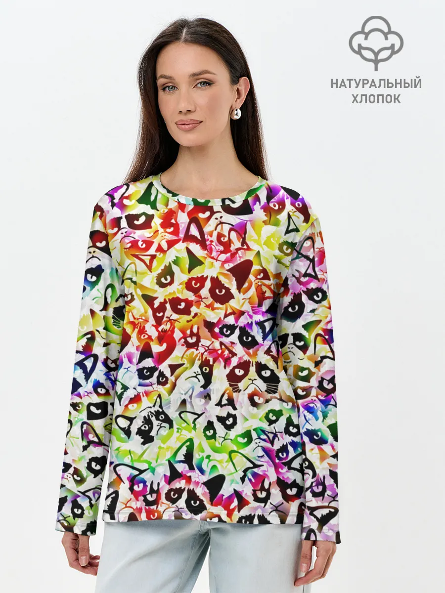 Лонгслив женский. Хлопок / Веселый узор из грустных котов