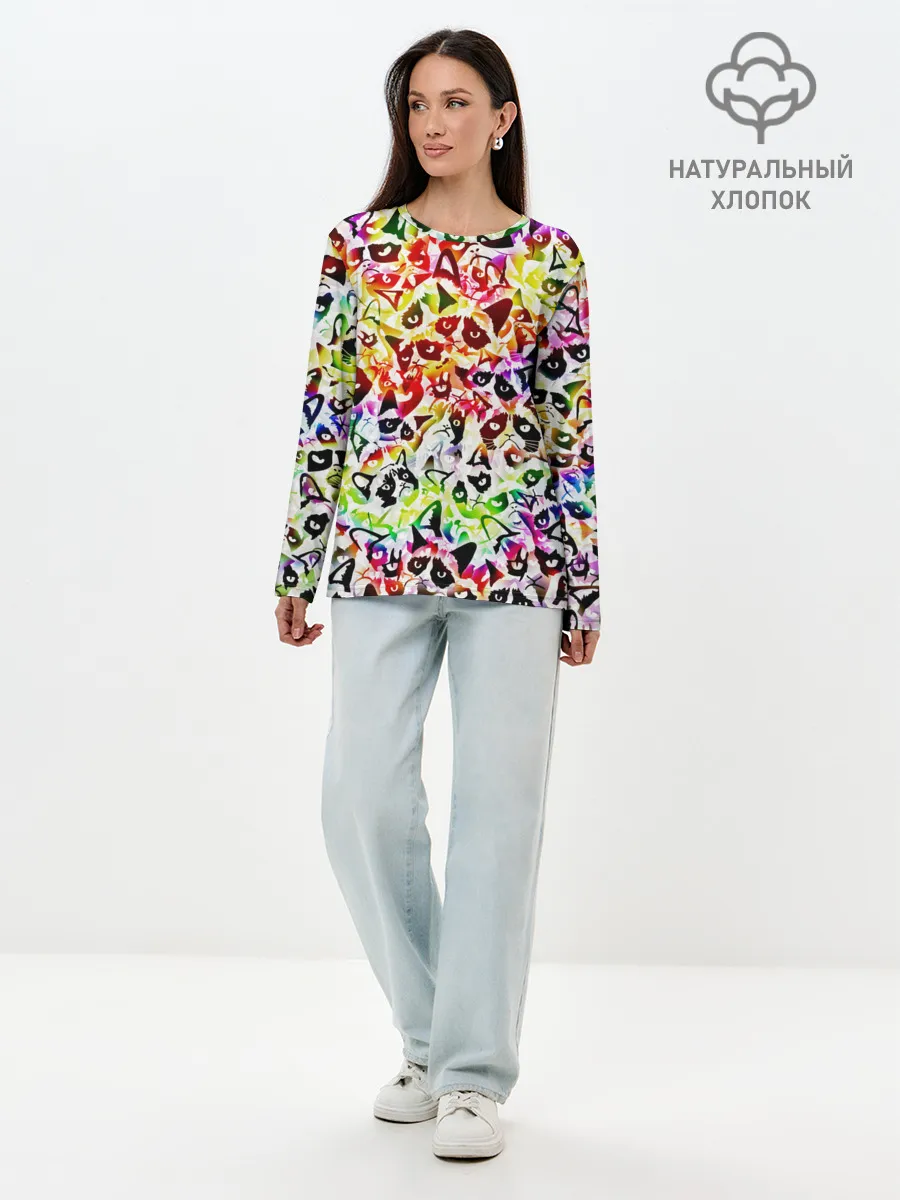 Лонгслив женский. Хлопок / Веселый узор из грустных котов
