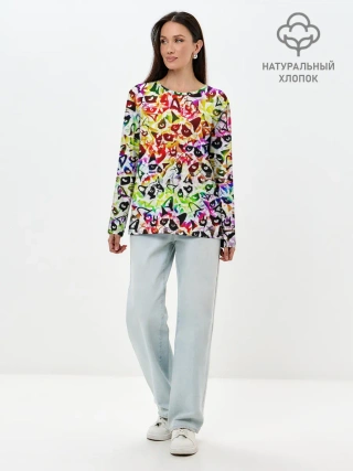 Лонгслив женский. Хлопок / Веселый узор из грустных котов