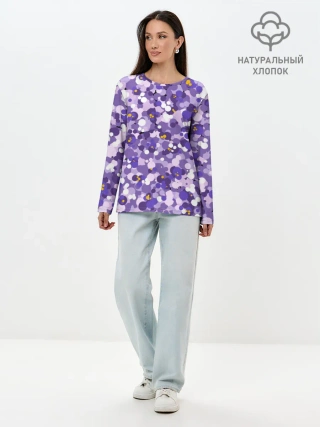 Лонгслив женский. Хлопок / Анютины глазки узор