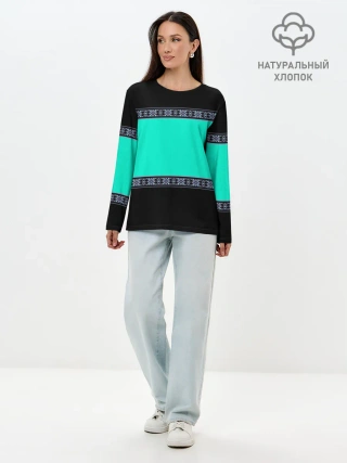 Лонгслив женский. Хлопок / Черно-бирюзовый узор