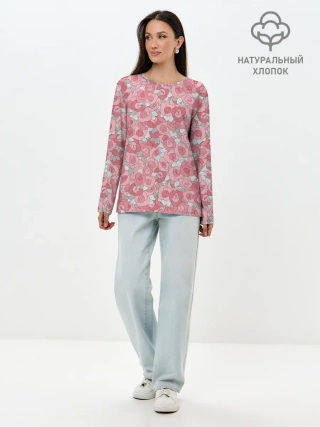 Лонгслив женский. Хлопок / Нежно коралловые розы