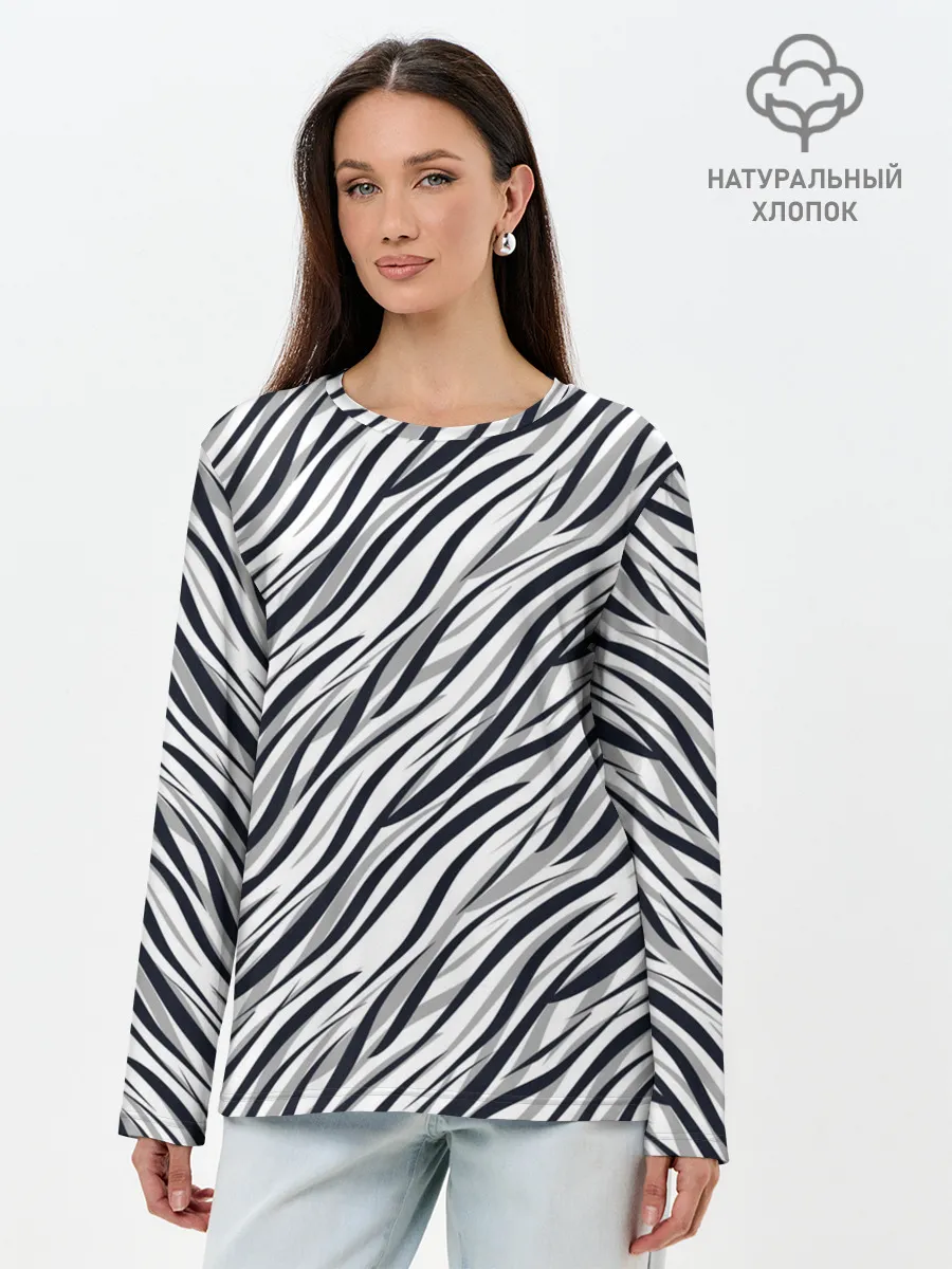 Лонгслив женский. Хлопок / Черно-белый полосатый тигровый