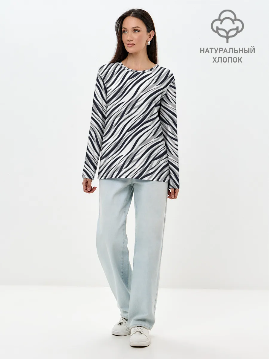Лонгслив женский. Хлопок / Черно-белый полосатый тигровый