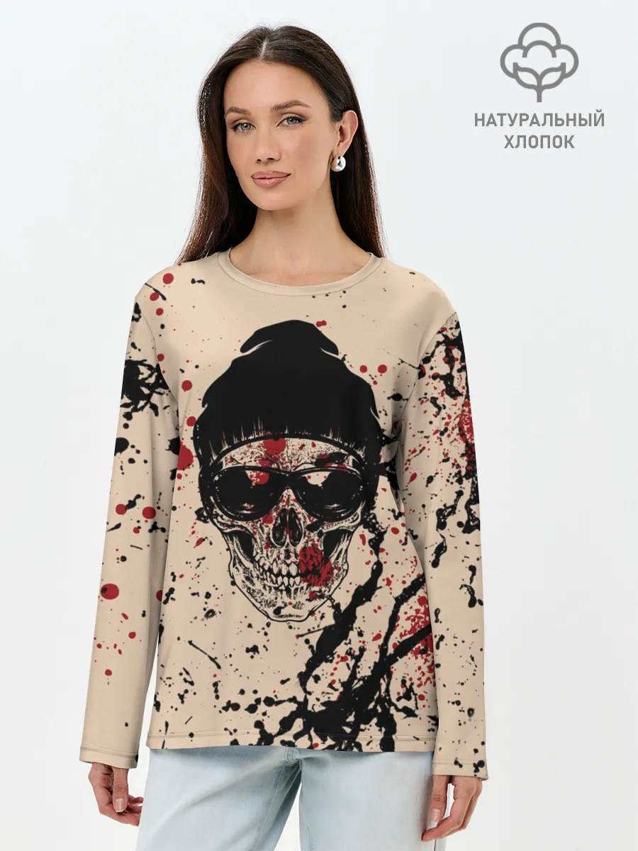 Лонгслив женский. Хлопок / Череп Хипстер Брызги Краски
