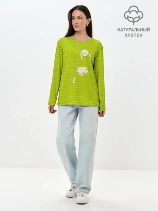 Лонгслив женский. Хлопок / Котик запутался в нитках