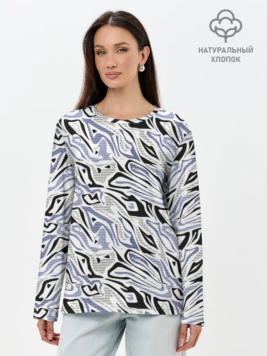 Лонгслив женский. Хлопок / Абстрактный сиренево-черный