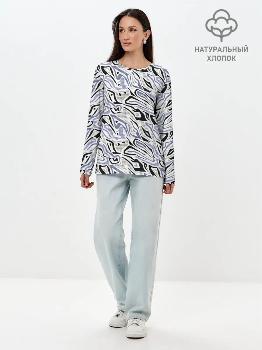 Лонгслив женский. Хлопок / Абстрактный сиренево-черный