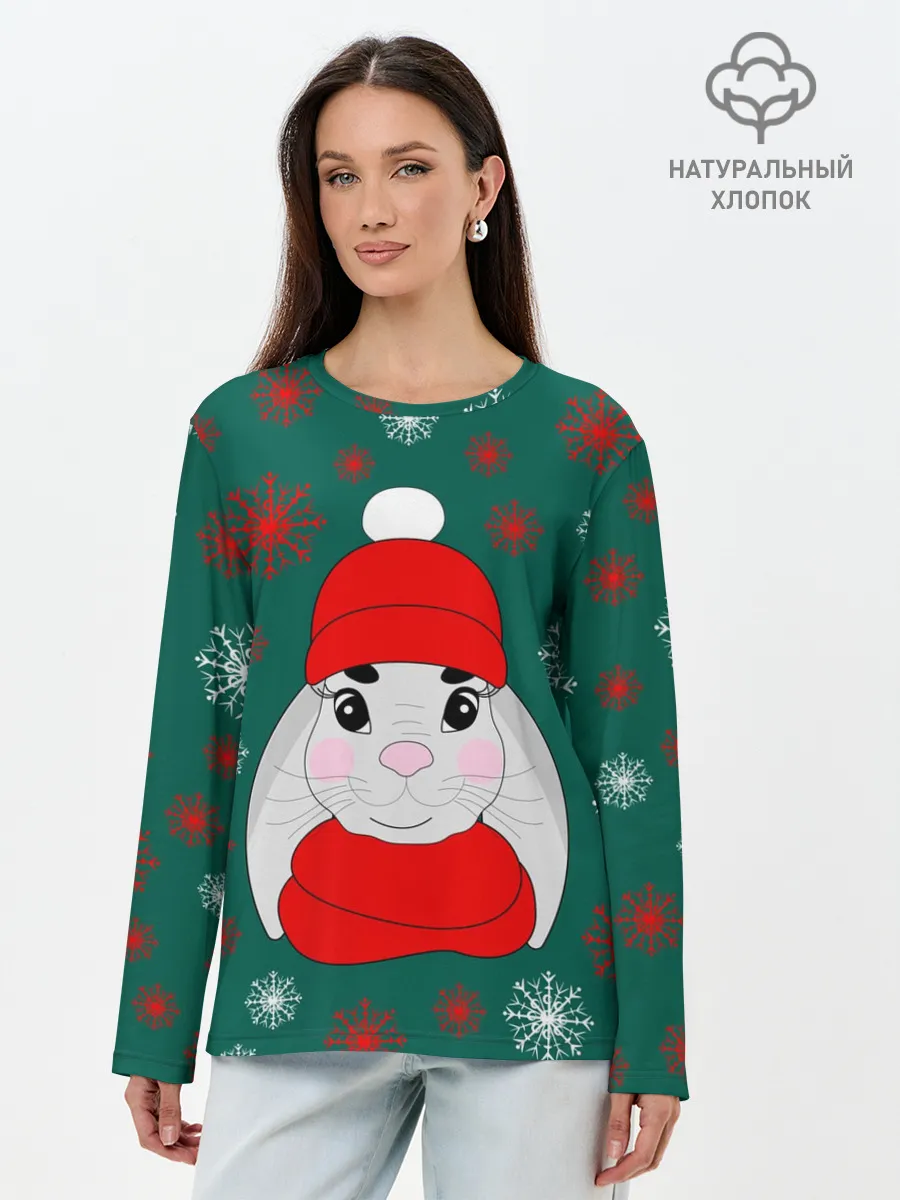 Лонгслив женский. Хлопок / зимний кролик и снежинки