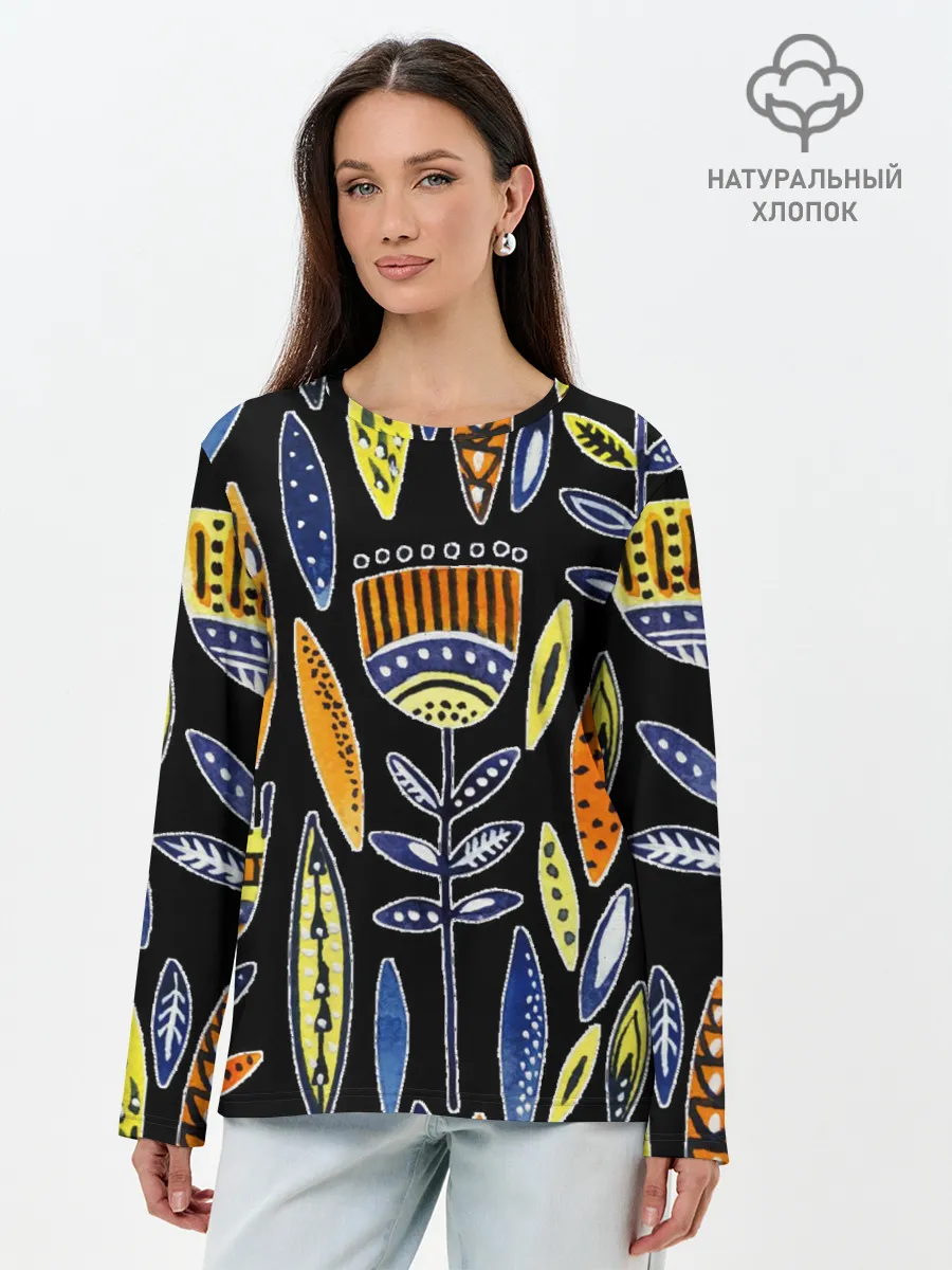 Лонгслив женский. Хлопок / цветы фараона