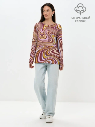Лонгслив женский. Хлопок / Красно-золотые разводы красок паттерн
