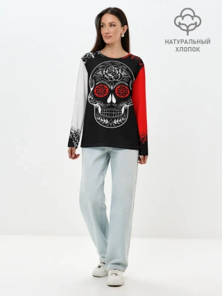 Лонгслив женский. Хлопок / Red White Skull - Череп