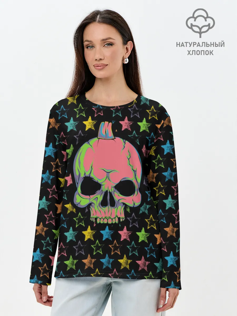 Лонгслив женский. Хлопок / Звездный череп