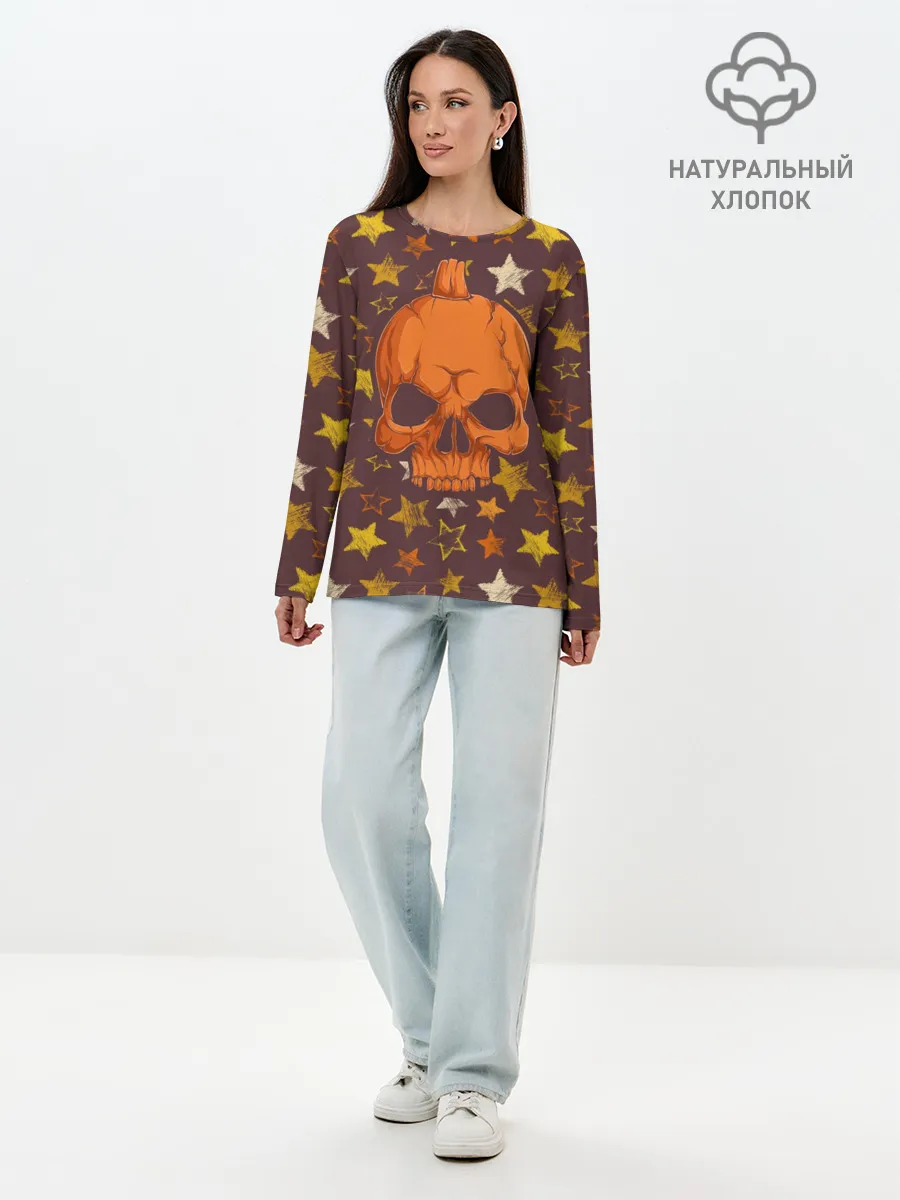 Лонгслив женский. Хлопок / Череп-тыква