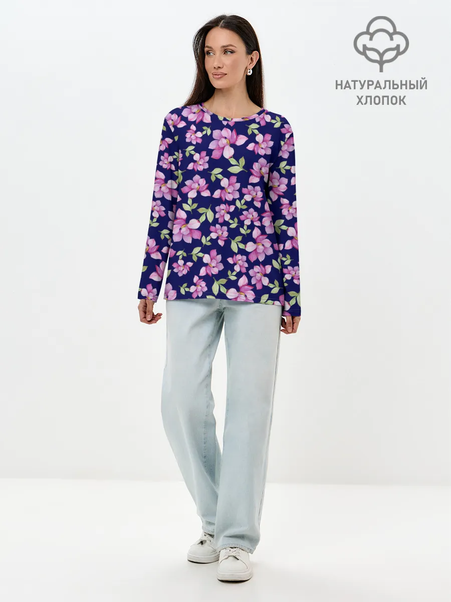 Лонгслив женский. Хлопок / Акварельные цветы Магнолии