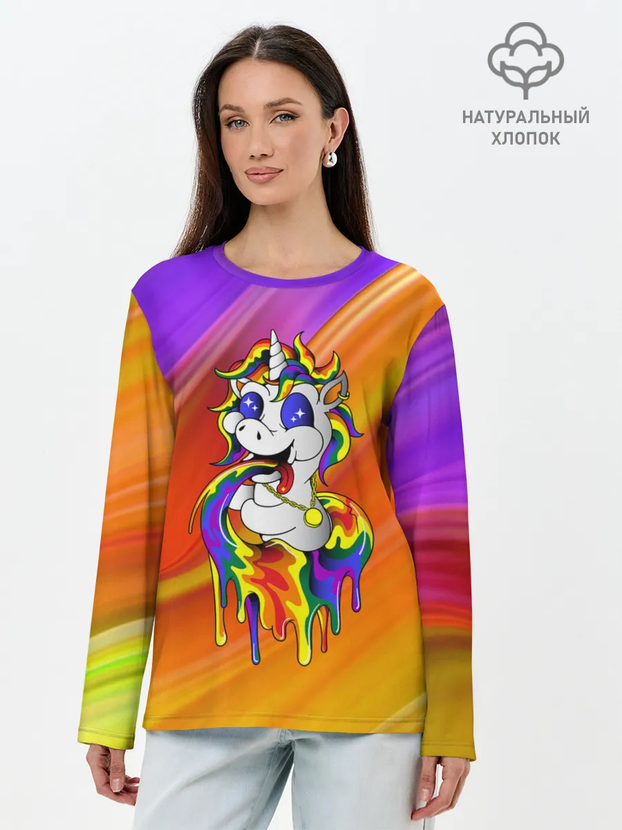 Лонгслив женский. Хлопок / Единорог | Unicorn | Rainbow